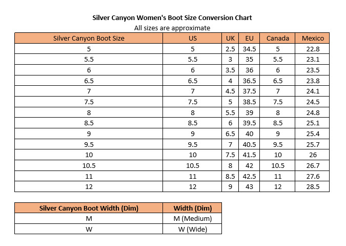 Silver Canyon Boot Fit and Size Chart – Silver Canyon
