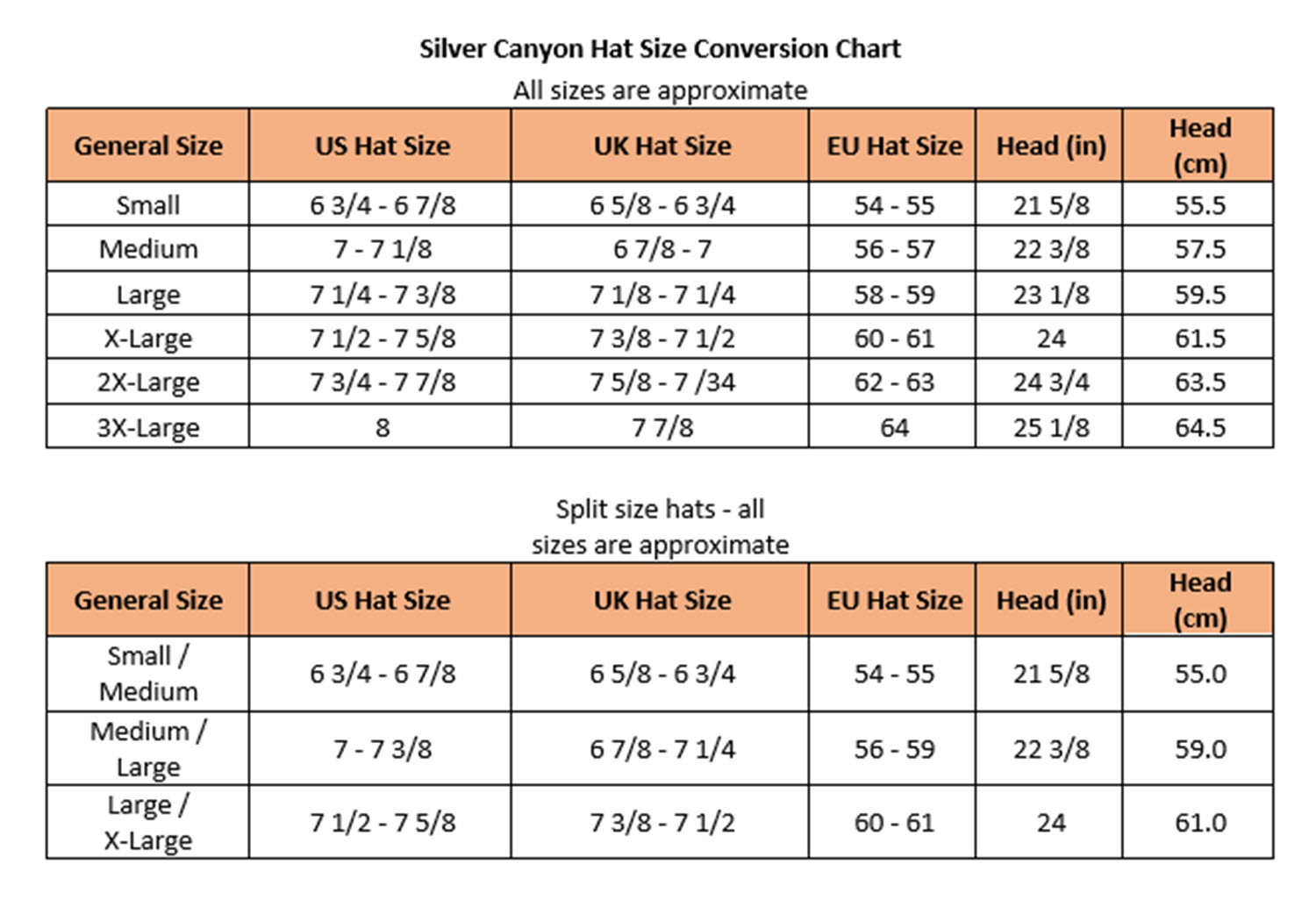 Silver Canyon Hat Fit and Size Chart – Silver Canyon